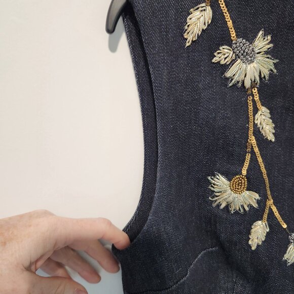 Elie Tahari Sleeveless Black Gray Denim Dress Beaded Sewn Detailing Size 4 - Picture 4 of 9